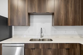 A modern kitchen with a stainless steel dishwasher and wooden cabinets.
